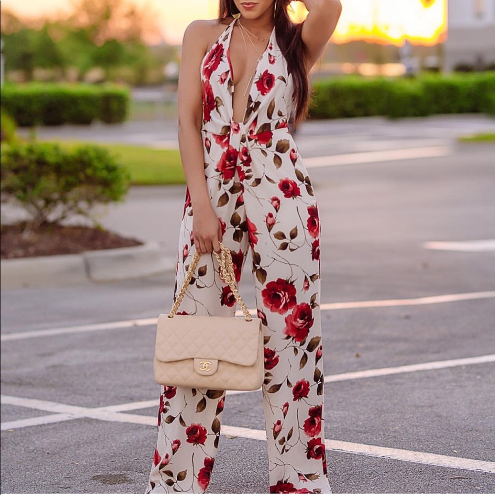 Rose Floral Wide Leg Jumpsuit